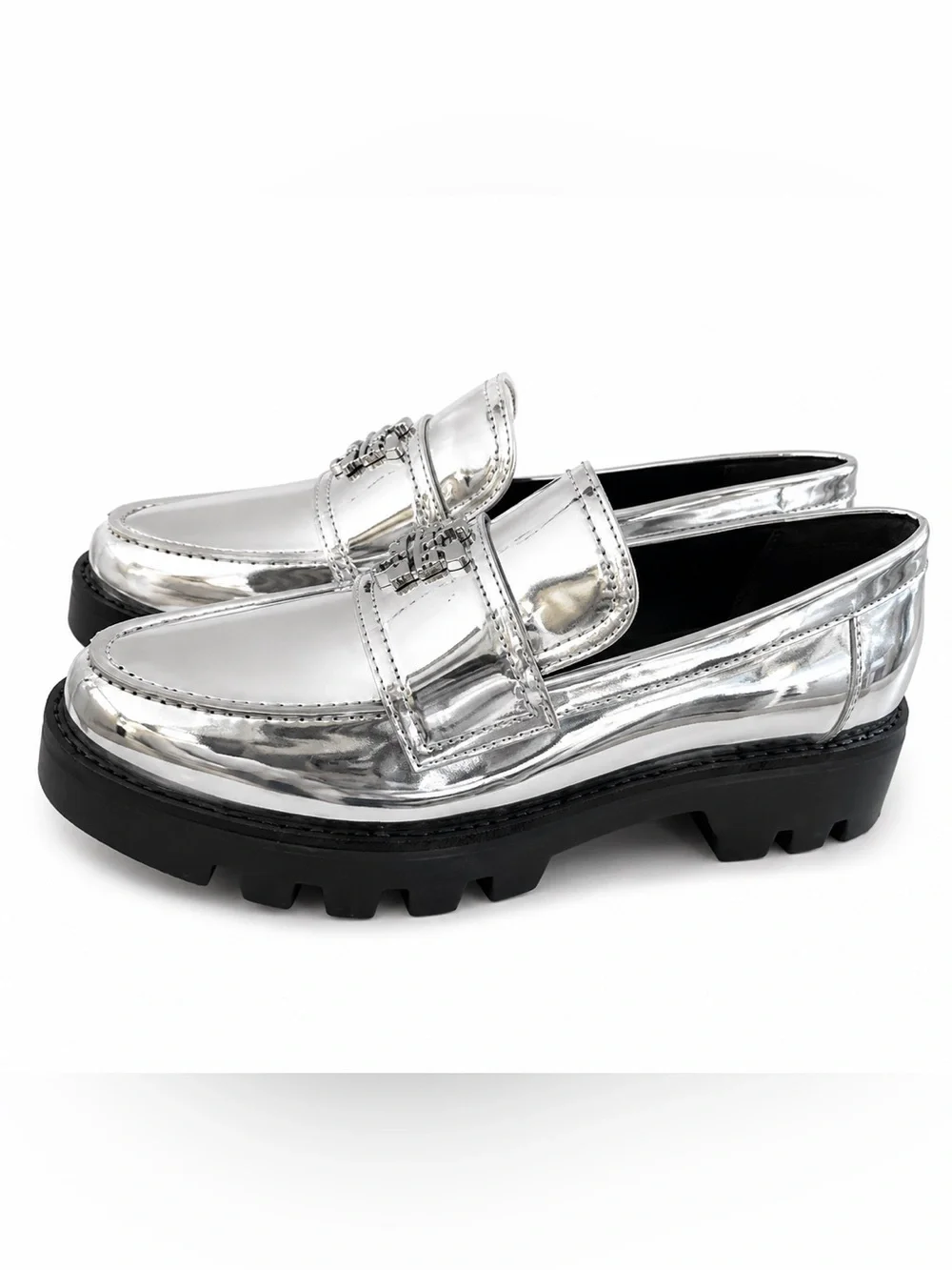 Tory Burch Mirror Metallic Silver Leather Lug Sole Loafers shoes 6